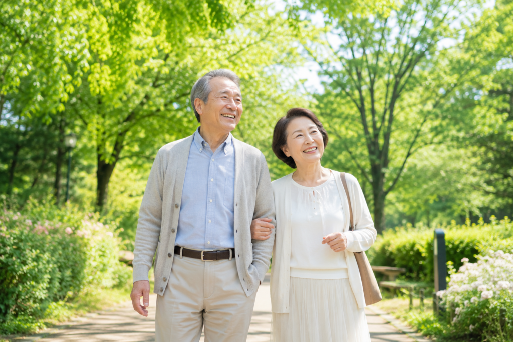 an elderly Japanese couple strolling through a lush green park with cheerful smiles.